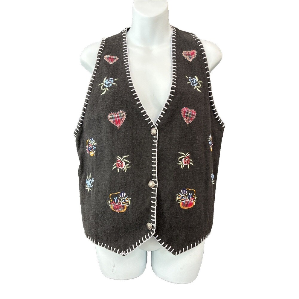 Vintage 90s Embroidered Cotton Vest M Gray Heart Flower Granny Cottage Country
